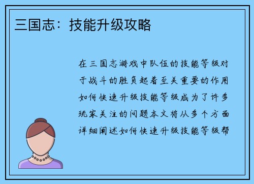 三国志：技能升级攻略